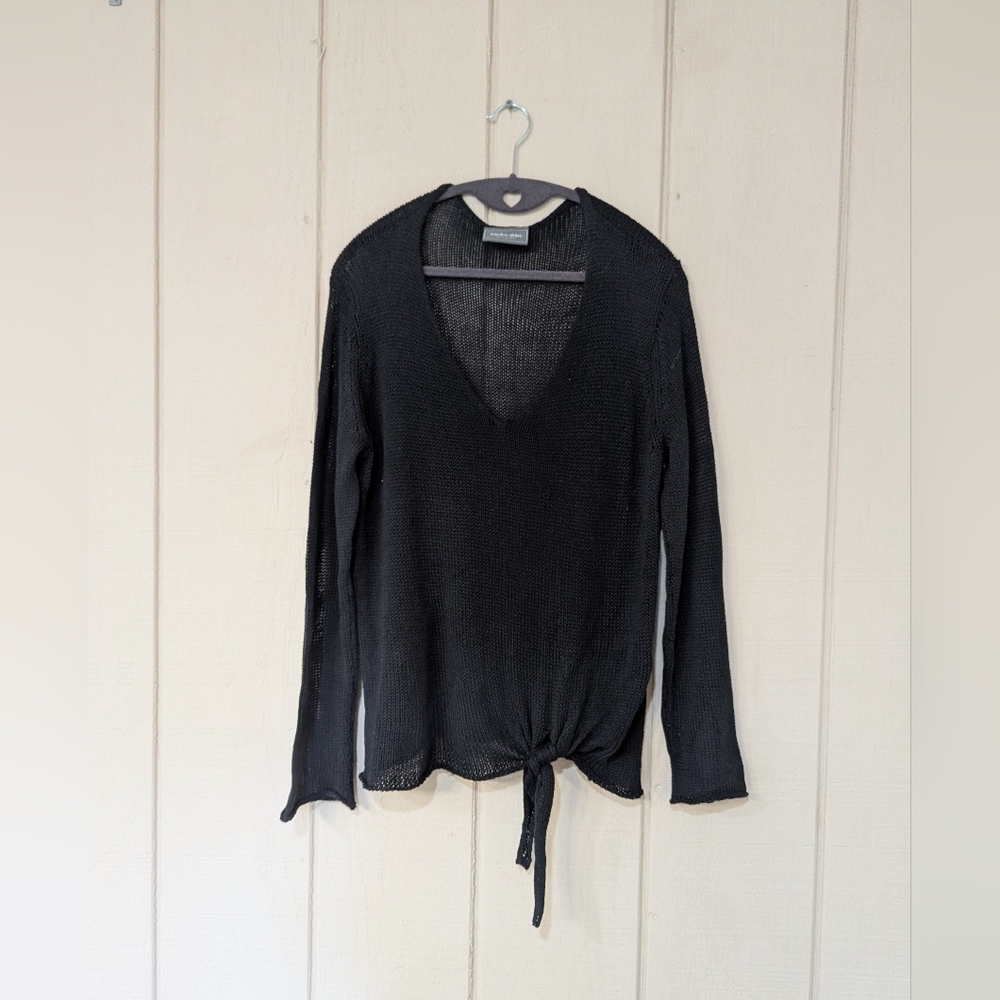 Wooden Ships Black Open Knit Sweater‎ Lightweight Tie Accent